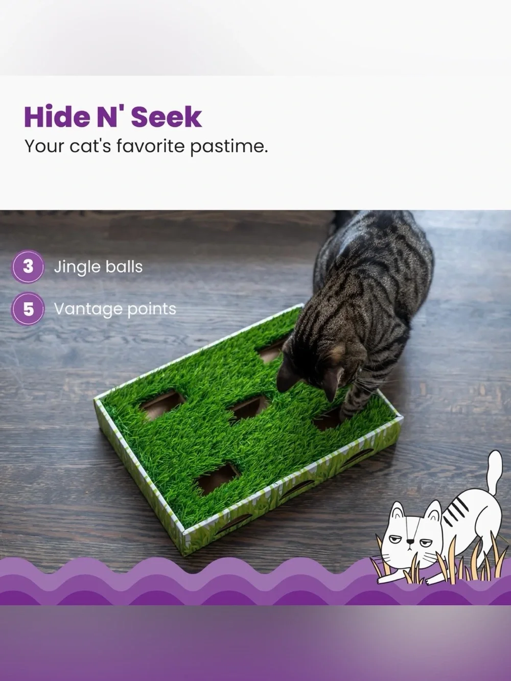 Lot for a lucky cat! Grass patch hunting box, scratcher bed, stuffed catnip toys